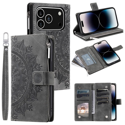 For iPhone 18 Pro / 17 Pro Wallet Case Mandala Flower Pattern PU Leather Phone Cover with Wrist Strap - Grey - 1