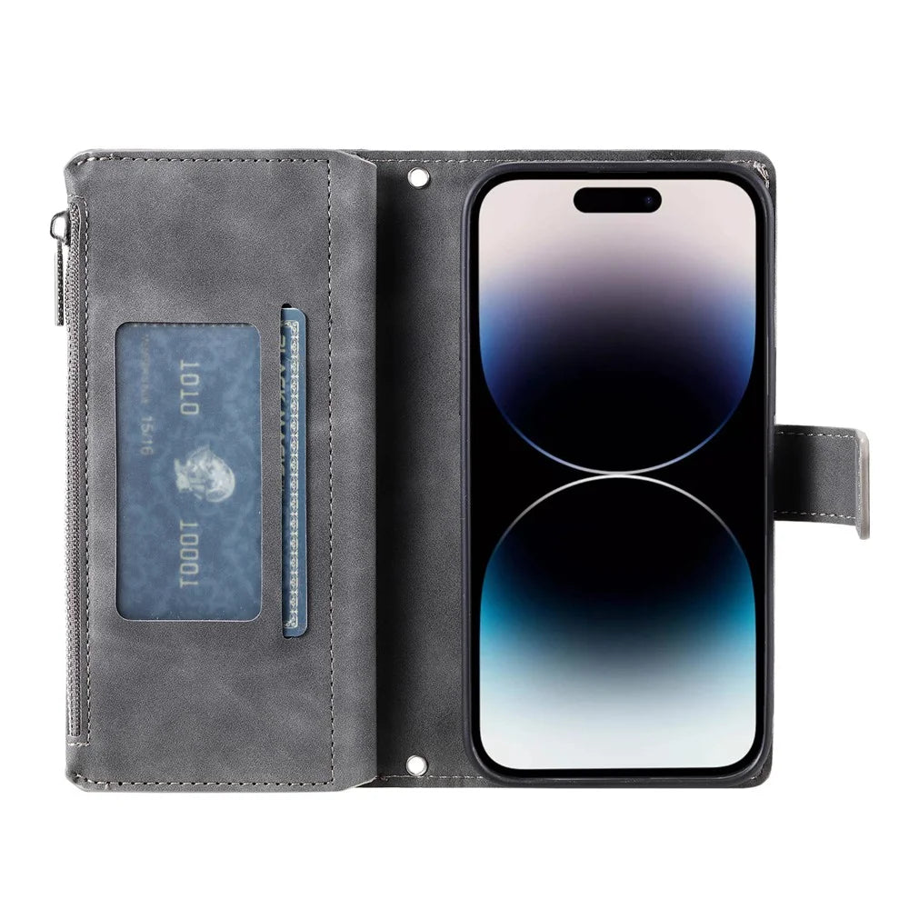 For iPhone 18 Pro / 17 Pro Wallet Case Mandala Flower Pattern PU Leather Phone Cover with Wrist Strap - Grey - 3