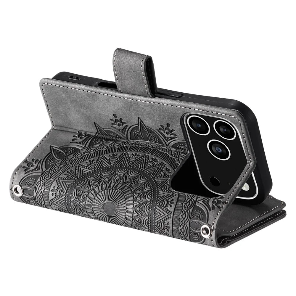 For iPhone 18 Pro / 17 Pro Wallet Case Mandala Flower Pattern PU Leather Phone Cover with Wrist Strap - Grey - 4
