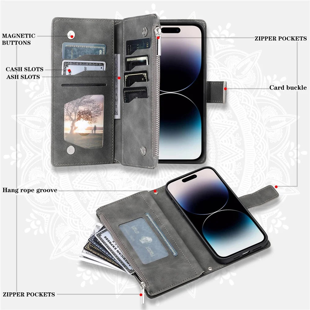 For iPhone 18 Pro / 17 Pro Wallet Case Mandala Flower Pattern PU Leather Phone Cover with Wrist Strap - Grey - 5