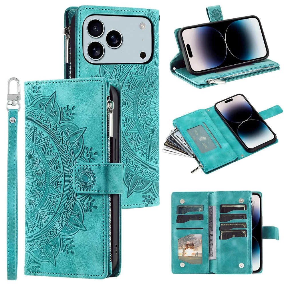 For iPhone 18 Pro Max / 17 Pro Max Wallet Case Mandala Flower Pattern PU Leather Phone Cover with Wrist Strap - Mint Green - 1
