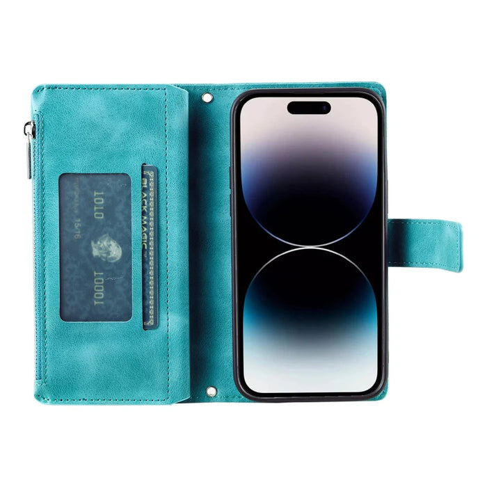 For iPhone 18 Pro Max / 17 Pro Max Wallet Case Mandala Flower Pattern PU Leather Phone Cover with Wrist Strap - Mint Green - 3