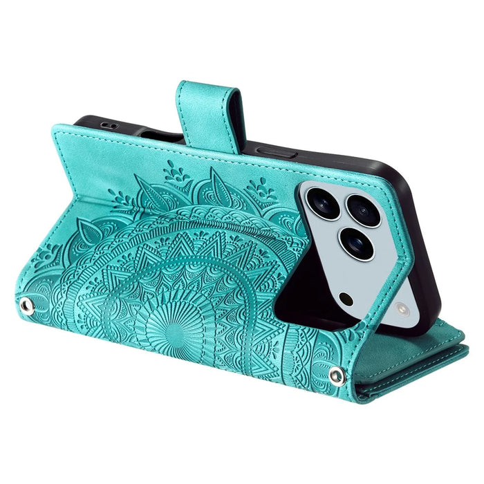 For iPhone 18 Pro Max / 17 Pro Max Wallet Case Mandala Flower Pattern PU Leather Phone Cover with Wrist Strap - Mint Green - 4