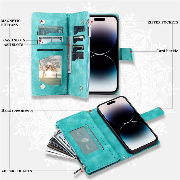 For iPhone 18 Pro Max / 17 Pro Max Wallet Case Mandala Flower Pattern PU Leather Phone Cover with Wrist Strap - Mint Green - 5