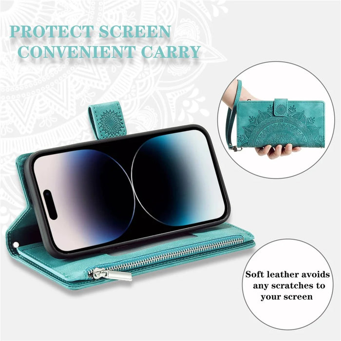 For iPhone 18 Pro Max / 17 Pro Max Wallet Case Mandala Flower Pattern PU Leather Phone Cover with Wrist Strap - Mint Green - 6