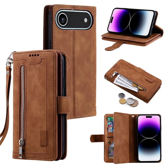 For iPhone Air Case 9 Card Slots Zipper Wallet PU Leather Phone Cover with Wrist Strap - Brown - 1