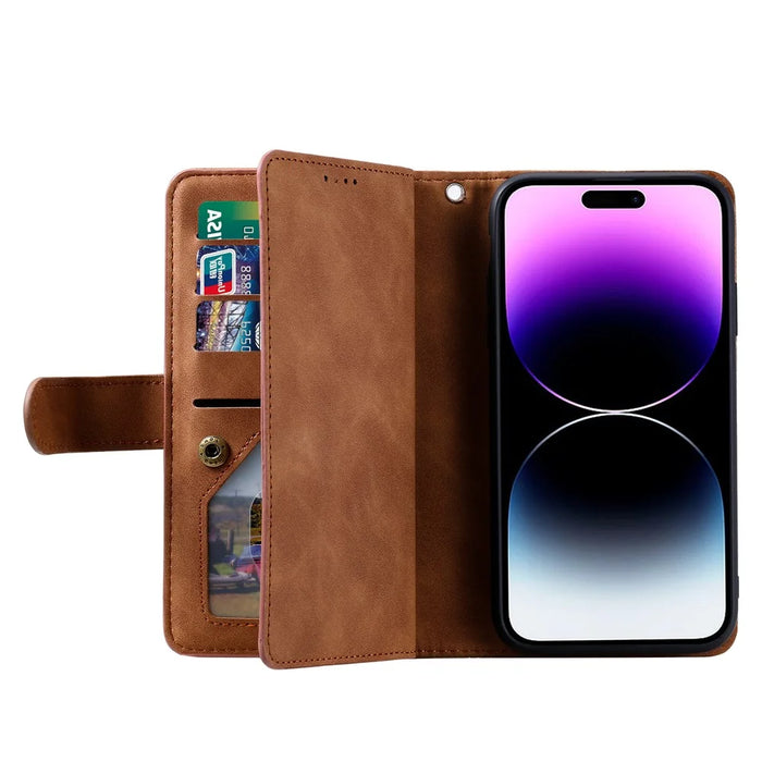 For iPhone Air Case 9 Card Slots Zipper Wallet PU Leather Phone Cover with Wrist Strap - Brown - 2