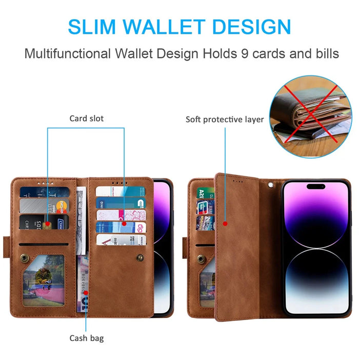 For iPhone Air Case 9 Card Slots Zipper Wallet PU Leather Phone Cover with Wrist Strap - Brown - 5