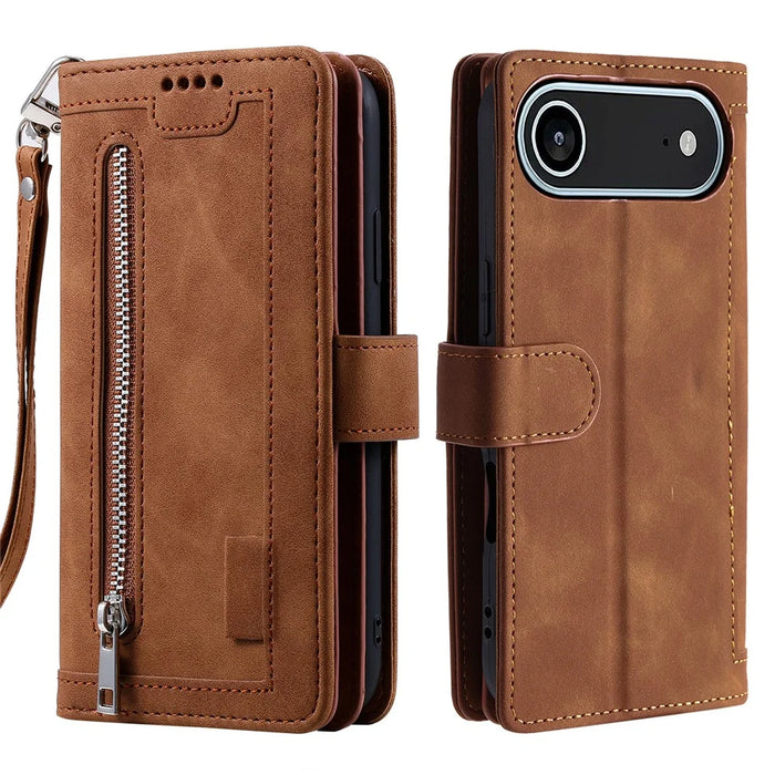 For iPhone Air Case 9 Card Slots Zipper Wallet PU Leather Phone Cover with Wrist Strap - Brown - 7