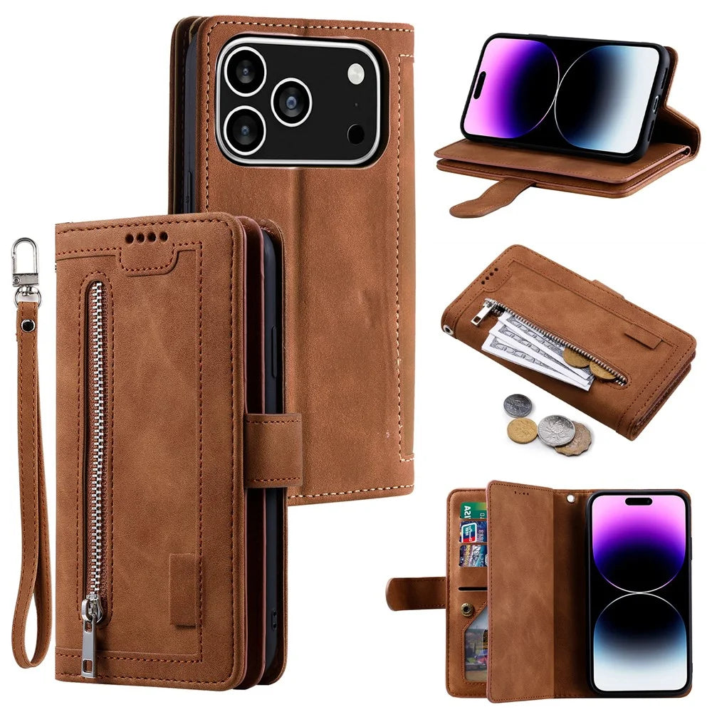 For iPhone 18 Pro / 17 Pro Case 9 Card Slots Zipper Wallet PU Leather Phone Cover with Wrist Strap - Brown - 1