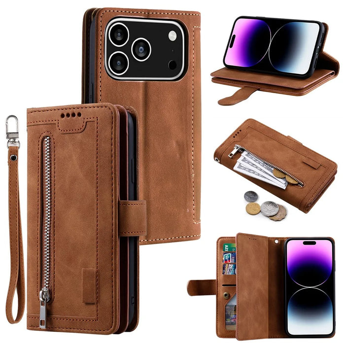 For iPhone 18 Pro / 17 Pro Case 9 Card Slots Zipper Wallet PU Leather Phone Cover with Wrist Strap - Brown - 1