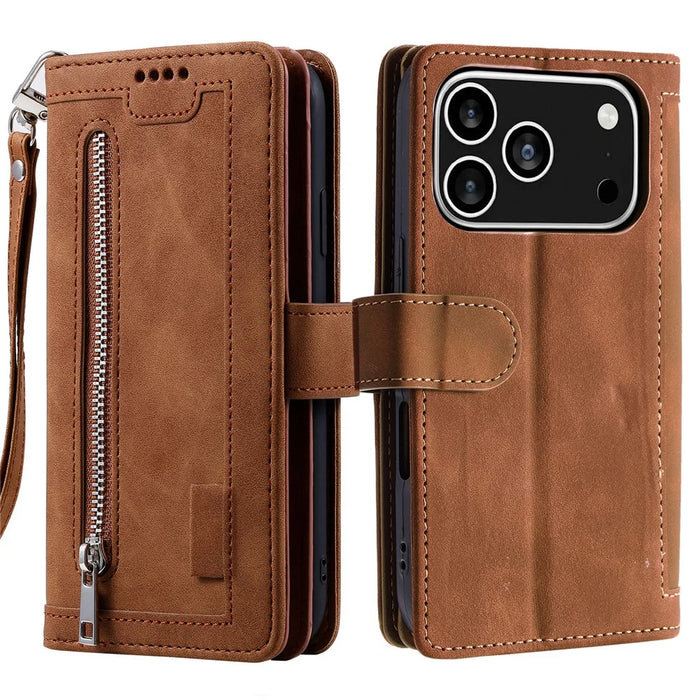For iPhone 18 Pro / 17 Pro Case 9 Card Slots Zipper Wallet PU Leather Phone Cover with Wrist Strap - Brown - 6