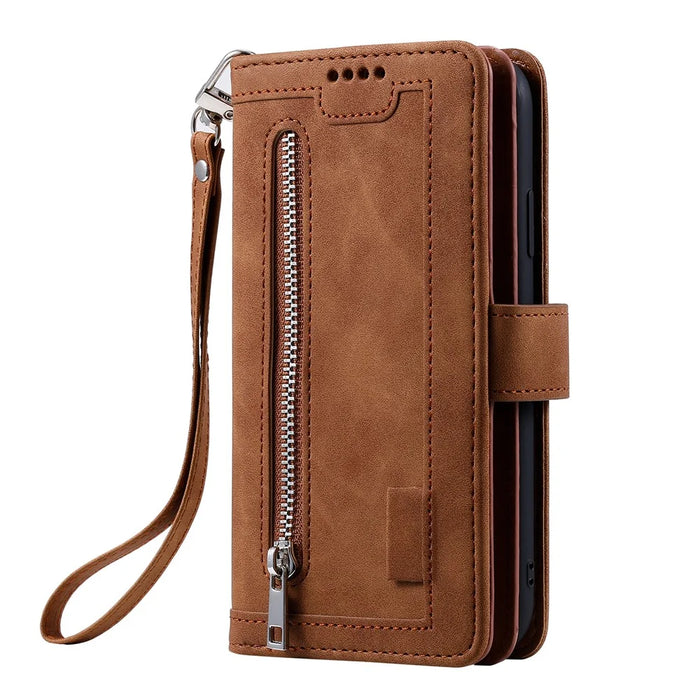 For iPhone 18 Pro / 17 Pro Case 9 Card Slots Zipper Wallet PU Leather Phone Cover with Wrist Strap - Brown - 7