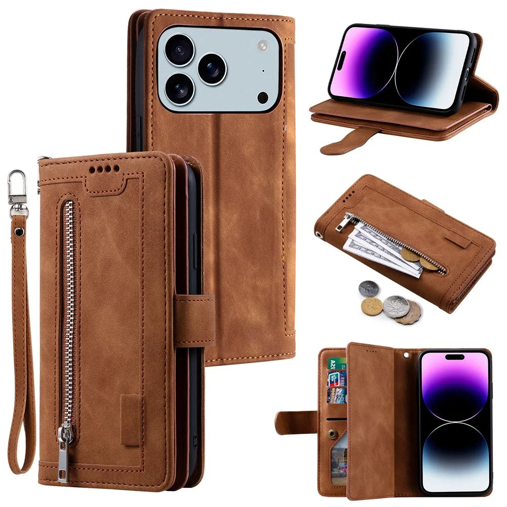 For iPhone 18 Pro Max / 17 Pro Max Case 9 Card Slots Zipper Wallet PU Leather Phone Cover with Wrist Strap - Brown - 1