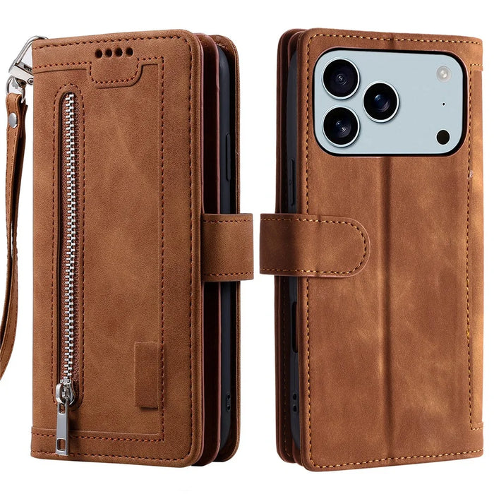 For iPhone 18 Pro Max / 17 Pro Max Case 9 Card Slots Zipper Wallet PU Leather Phone Cover with Wrist Strap - Brown - 7