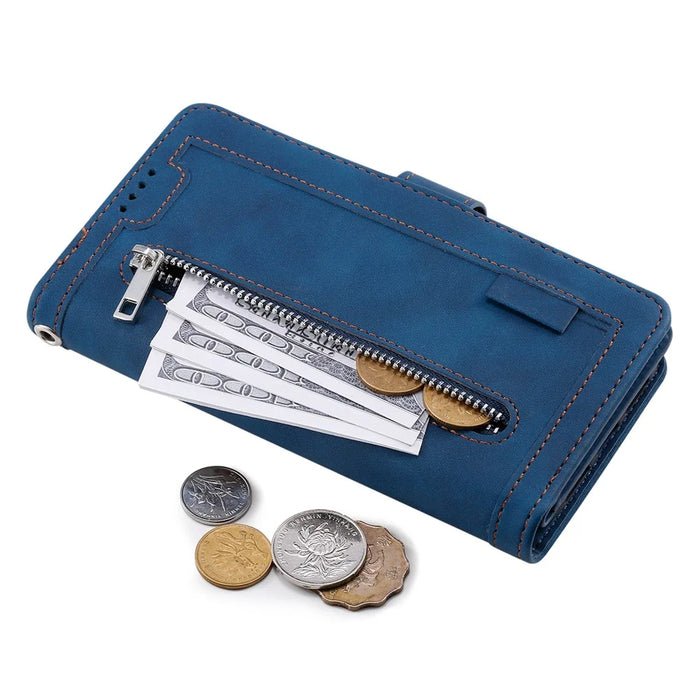 For iPhone 17 Case 9 Card Slots Zipper Wallet PU Leather Phone Cover with Wrist Strap - Blue - 4
