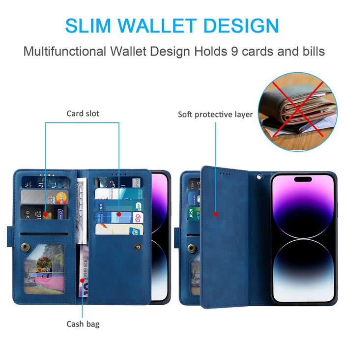 For iPhone 17 Case 9 Card Slots Zipper Wallet PU Leather Phone Cover with Wrist Strap - Blue - 6