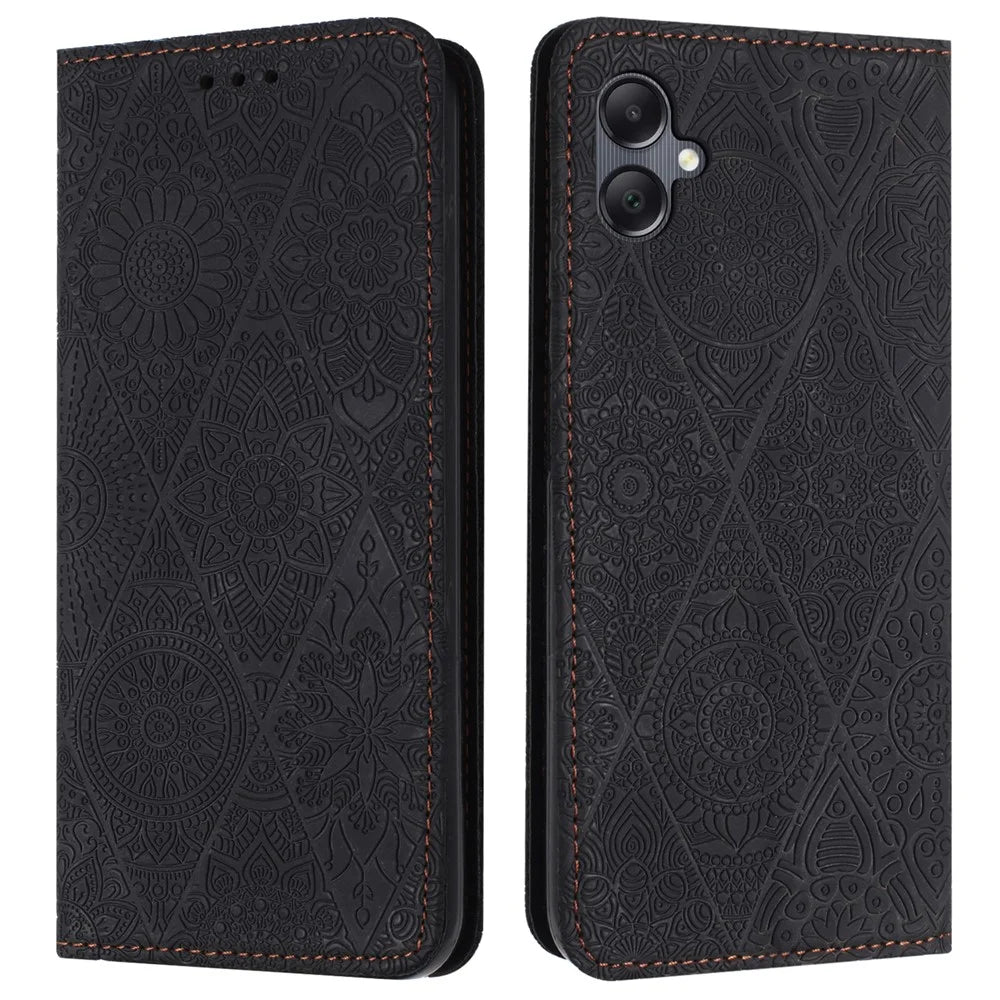 For Samsung Galaxy A08 5G / A07 4G Case Imprinted Flower Wallet Stand Leather Phone Cover - Black - 1