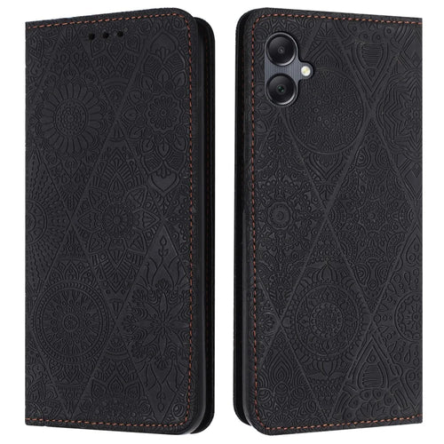 For Samsung Galaxy A08 5G / A07 4G Case Imprinted Flower Wallet Stand Leather Phone Cover - Black - 1