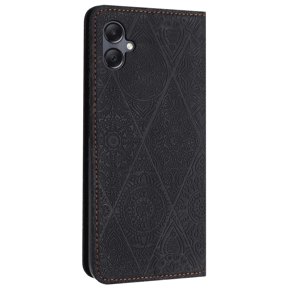 For Samsung Galaxy A08 5G / A07 4G Case Imprinted Flower Wallet Stand Leather Phone Cover - Black - 6