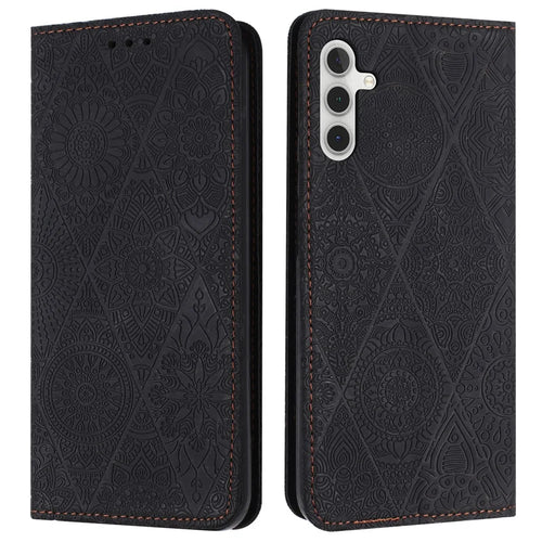 For Samsung Galaxy A18 5G / A17 5G / A17 4G / A26 5G / A16 5G / A16 4G Case Imprinted Flower Wallet Stand Leather Phone Cover - Black - 1