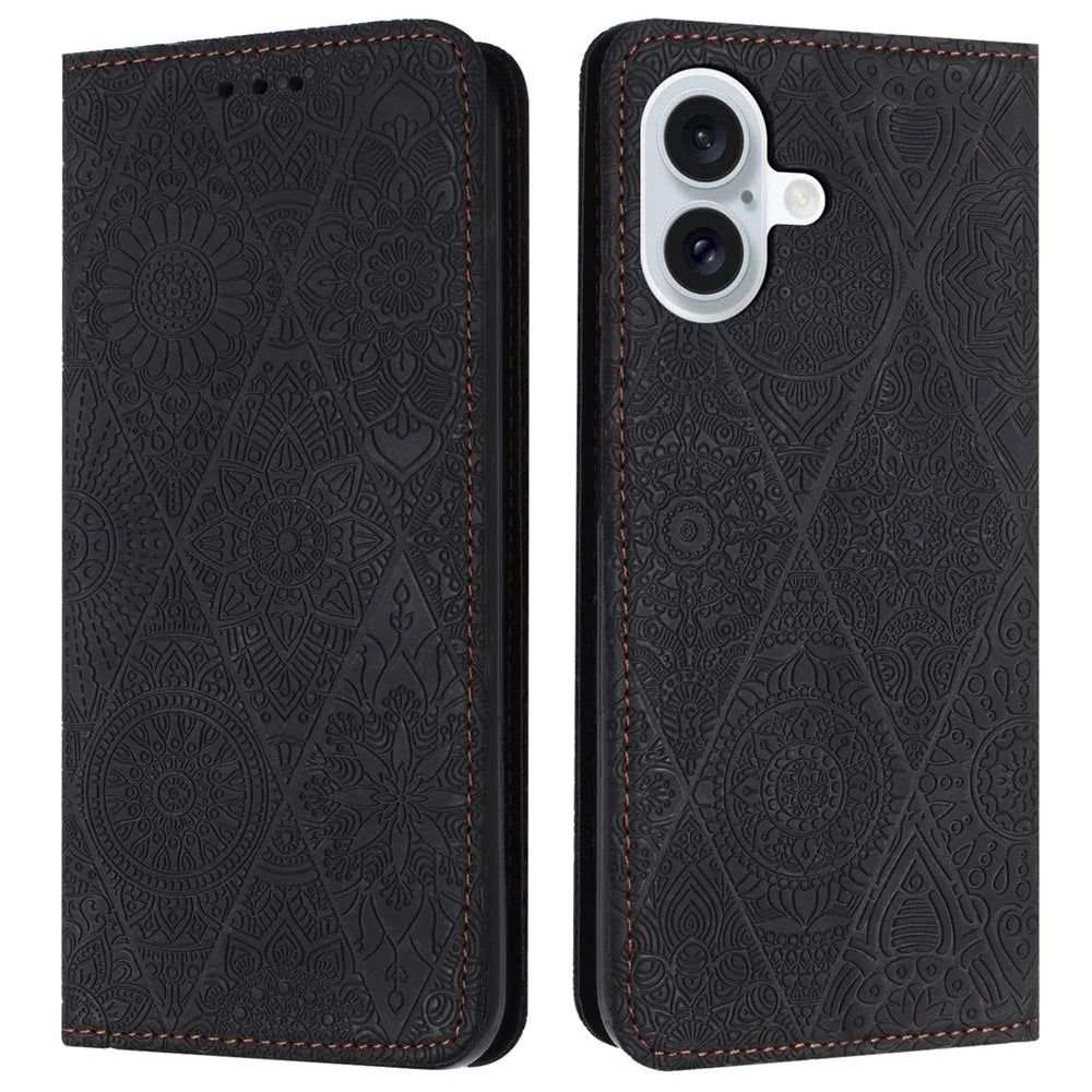 For iPhone 17 Case Imprinted Flower Wallet Stand Leather Phone Cover - Black - 1