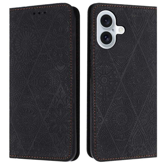 For iPhone 17 Case Imprinted Flower Wallet Stand Leather Phone Cover - Black - 1