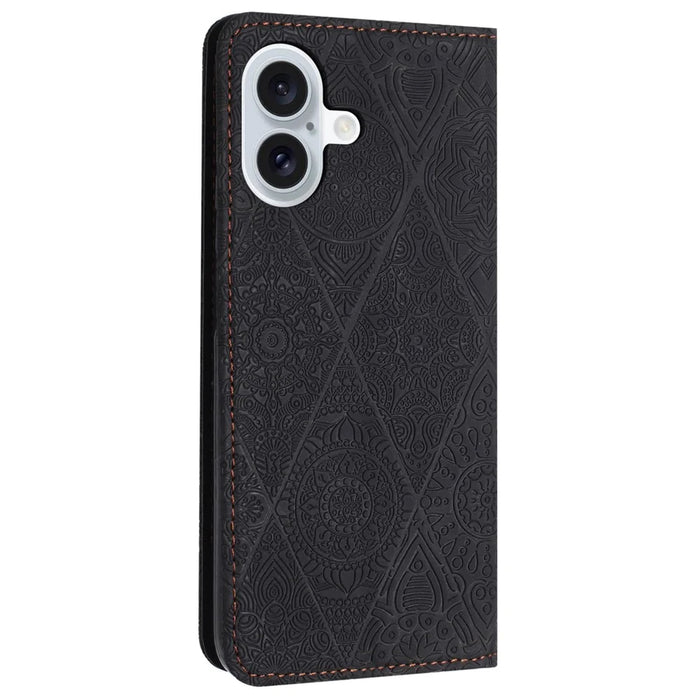 For iPhone 17 Case Imprinted Flower Wallet Stand Leather Phone Cover - Black - 6