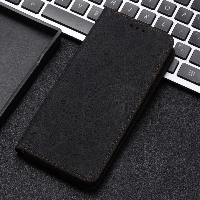 For iPhone 17 Case Imprinted Flower Wallet Stand Leather Phone Cover - Black - 7
