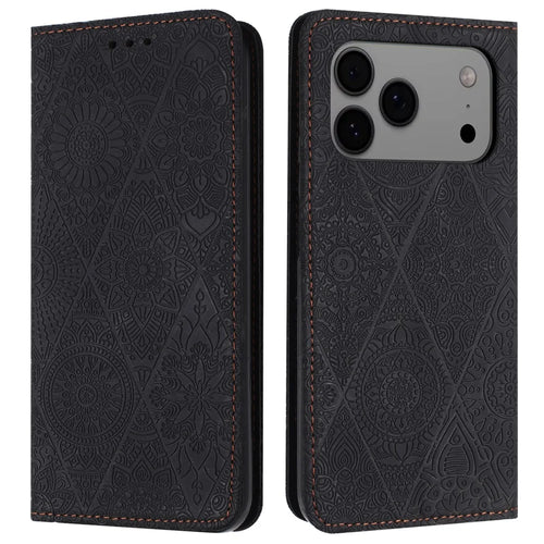 For iPhone 18 Pro / 17 Pro Case Imprinted Flower Wallet Stand Leather Phone Cover - Black - 1