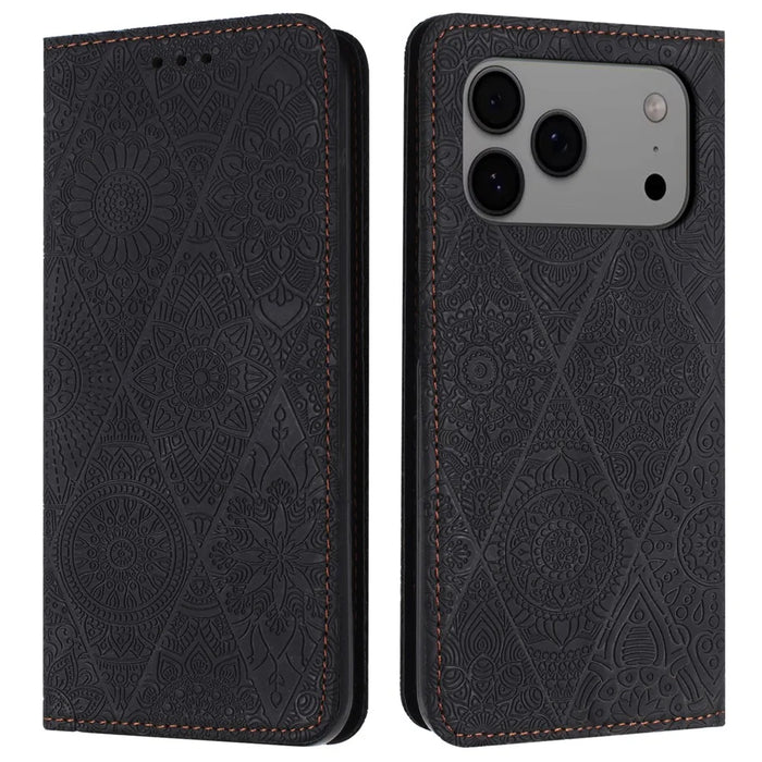For iPhone 18 Pro / 17 Pro Case Imprinted Flower Wallet Stand Leather Phone Cover - Black - 1