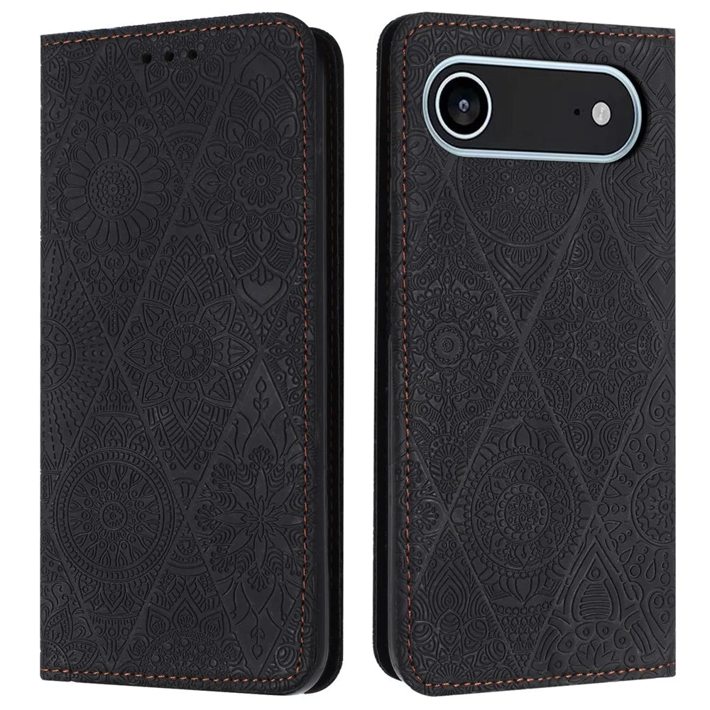 For iPhone Air Case Imprinted Flower Wallet Stand Leather Phone Cover - Black - 1