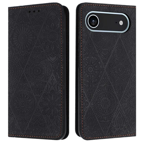 For iPhone Air Case Imprinted Flower Wallet Stand Leather Phone Cover - Black - 1