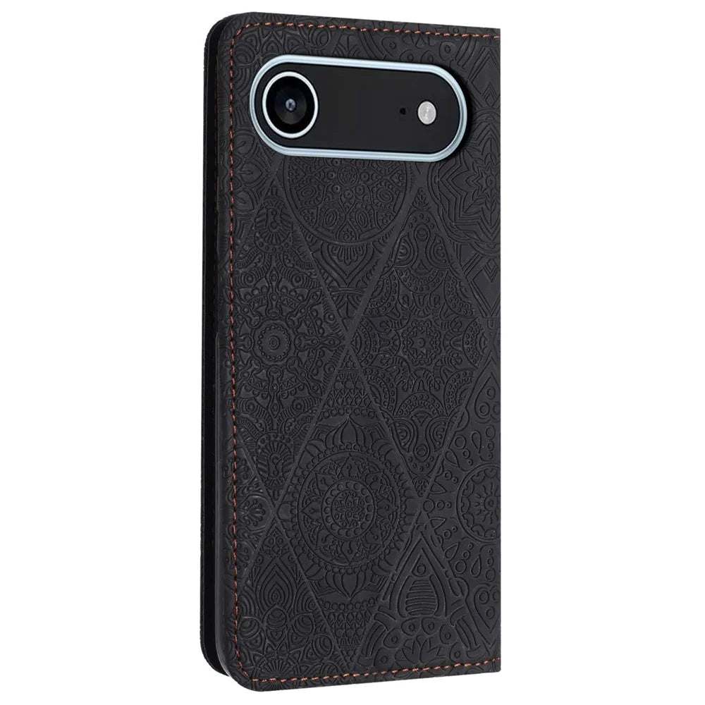 For iPhone Air Case Imprinted Flower Wallet Stand Leather Phone Cover - Black - 6