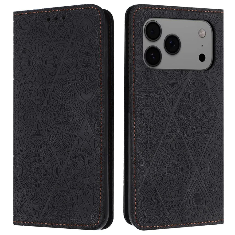 For iPhone 18 Pro Max / 17 Pro Max Case Imprinted Flower Wallet Stand Leather Phone Cover - Black - 1