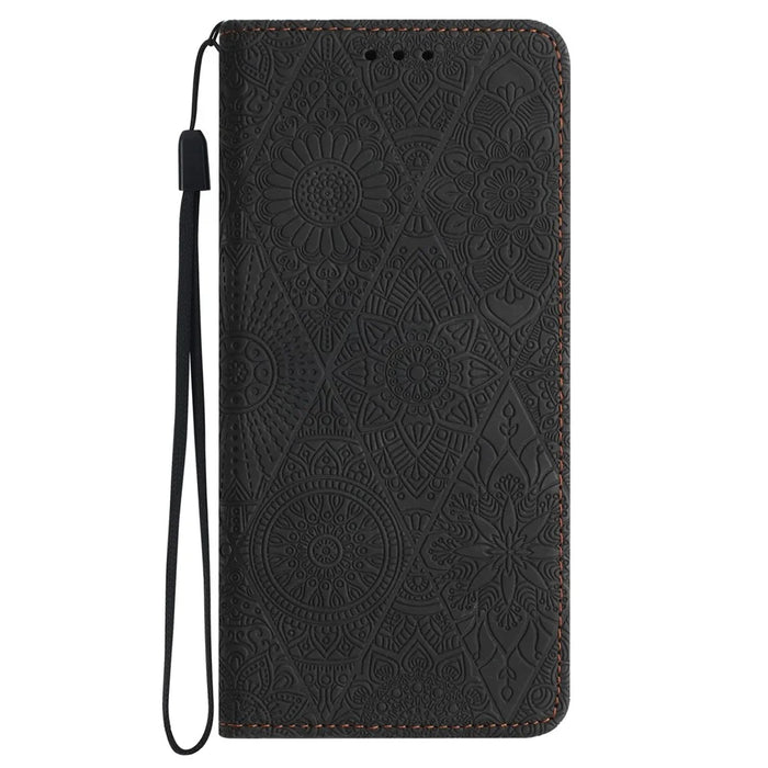 For iPhone 18 Pro Max / 17 Pro Max Case Imprinted Flower Wallet Stand Leather Phone Cover - Black - 5