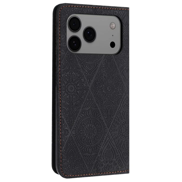 For iPhone 18 Pro Max / 17 Pro Max Case Imprinted Flower Wallet Stand Leather Phone Cover - Black - 6