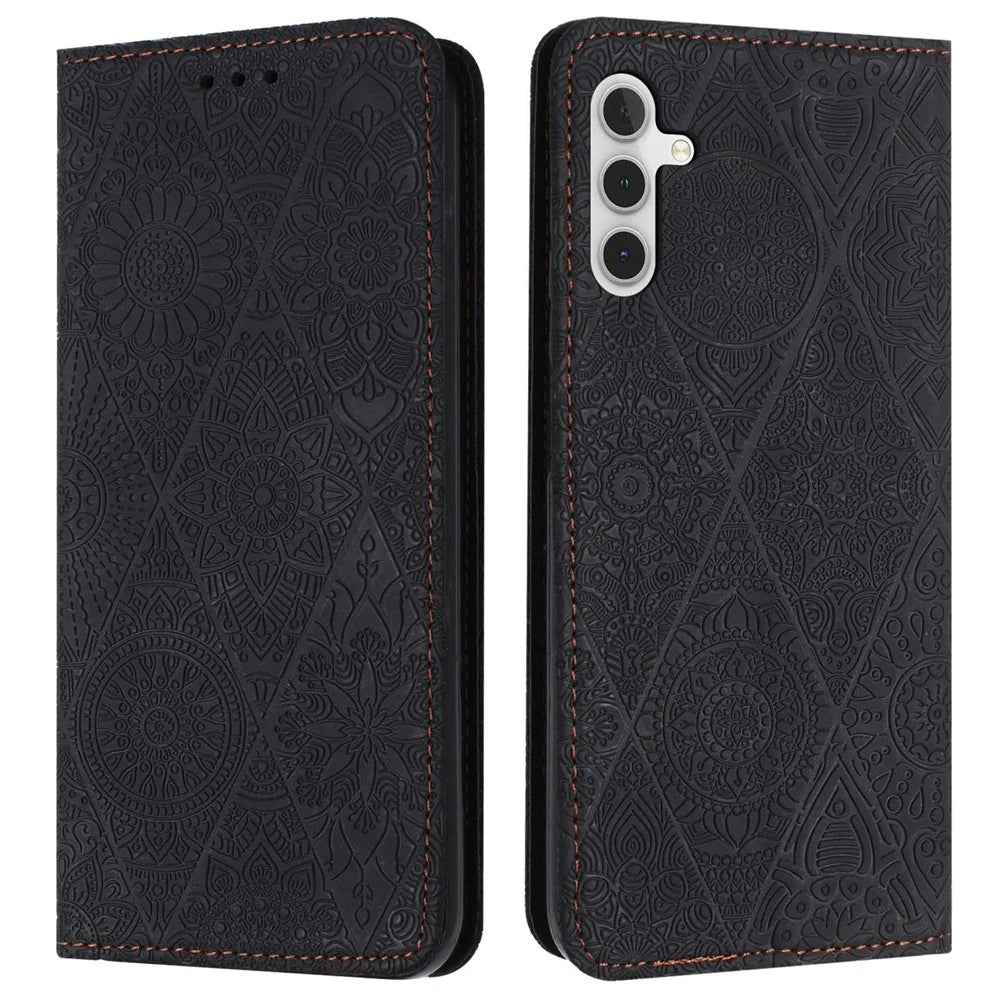 For Samsung Galaxy S25 FE Case Imprinted Flower Wallet Stand Leather Phone Cover - Black - 1