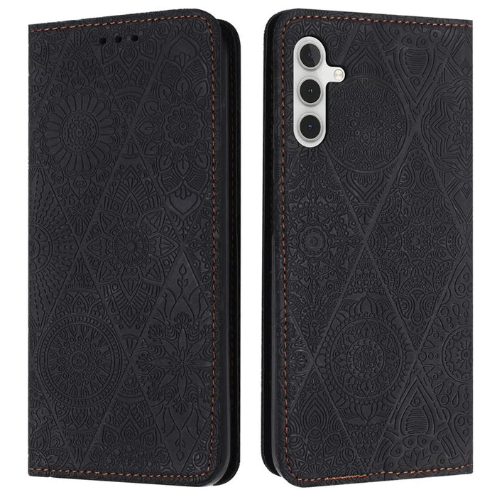 For Samsung Galaxy S25 FE Case Imprinted Flower Wallet Stand Leather Phone Cover - Black - 1