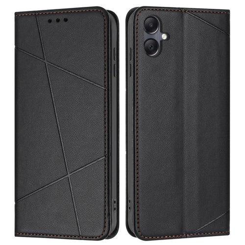 For Samsung Galaxy A08 5G / A07 4G Wallet Case Line Imprinted Leather Stand Phone Cover with Wrist Strap - Black - 1