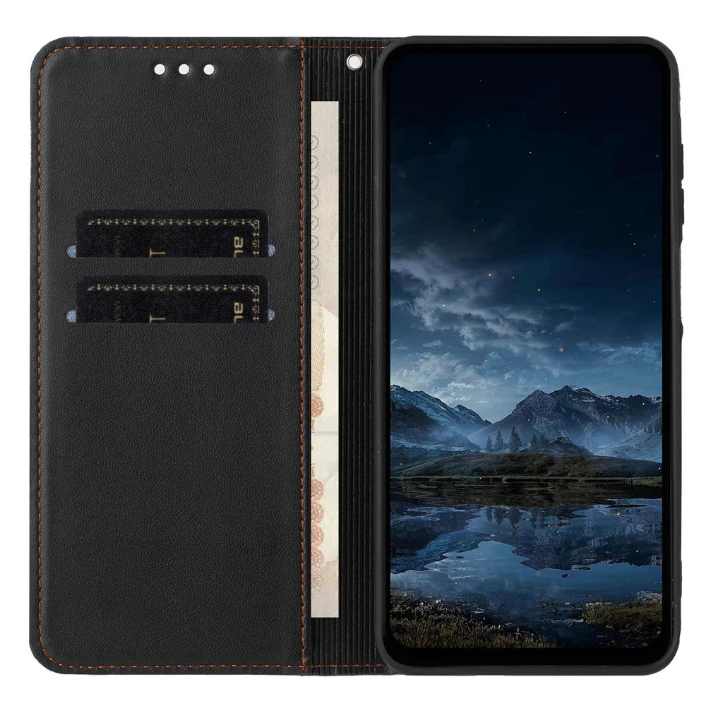 For Samsung Galaxy A08 5G / A07 4G Wallet Case Line Imprinted Leather Stand Phone Cover with Wrist Strap - Black - 3
