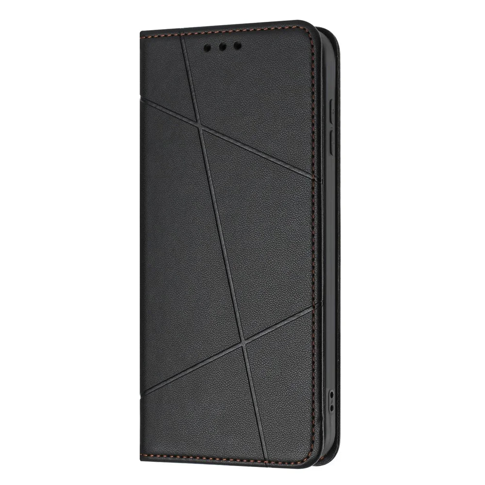 For Samsung Galaxy A08 5G / A07 4G Wallet Case Line Imprinted Leather Stand Phone Cover with Wrist Strap - Black - 6