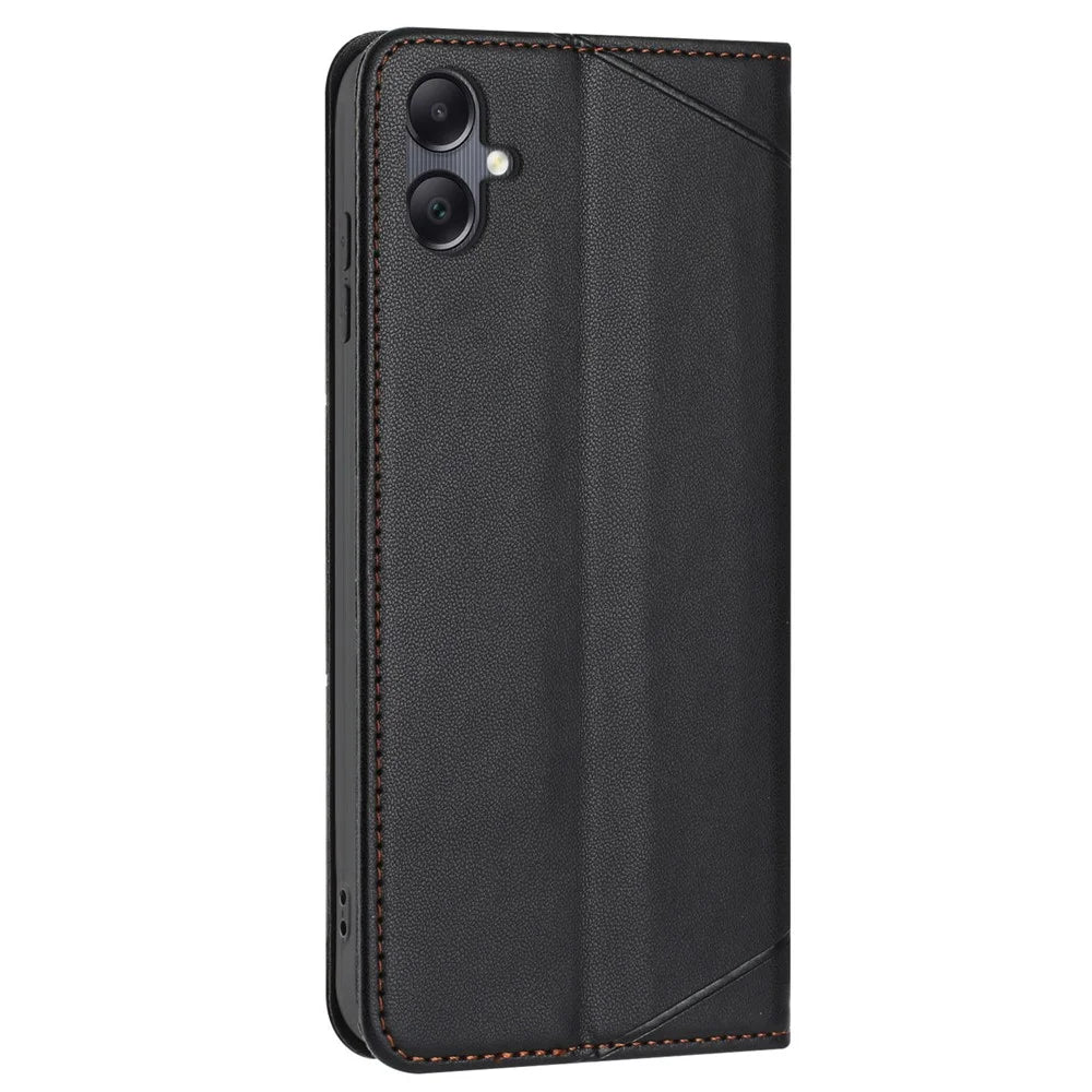 For Samsung Galaxy A08 5G / A07 4G Wallet Case Line Imprinted Leather Stand Phone Cover with Wrist Strap - Black - 7