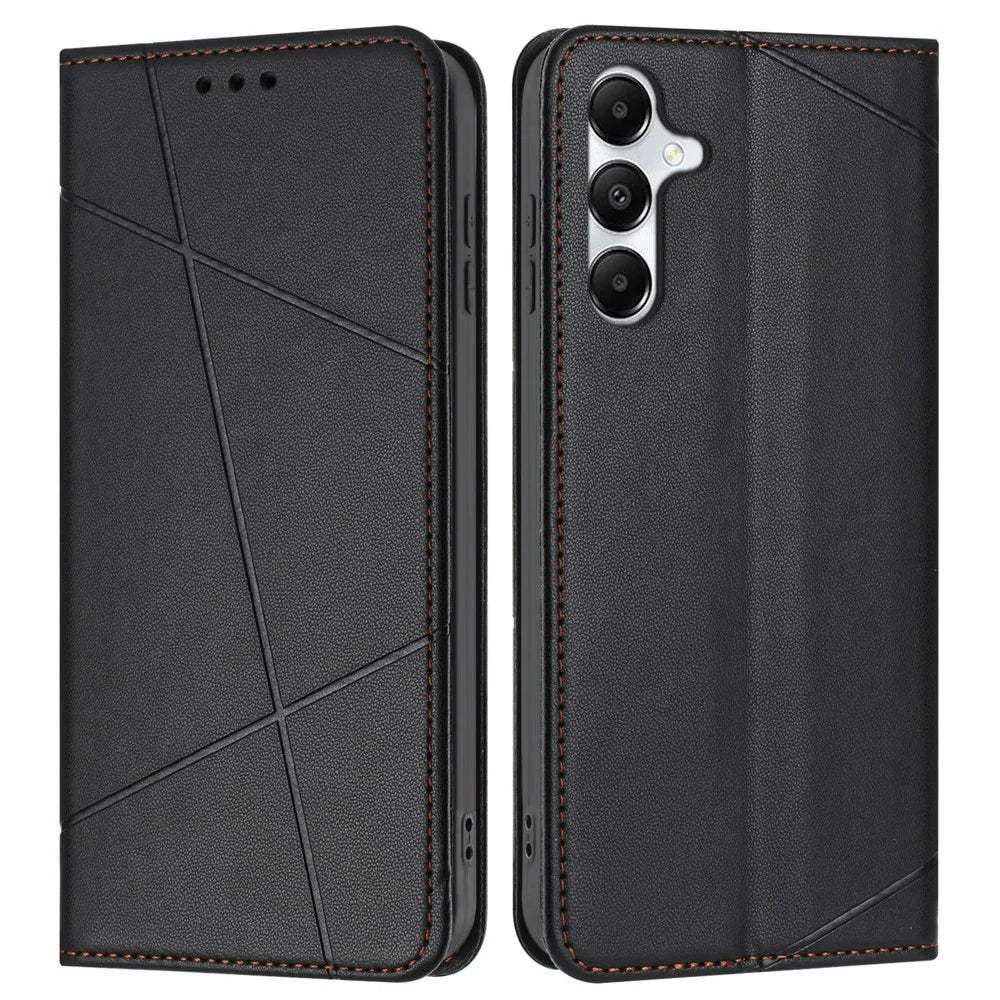 For Samsung Galaxy A18 5G / A17 5G / A17 4G / A26 5G / A16 5G / A16 4G Wallet Case Line Imprinted Leather Stand Phone Cover with Wrist Strap - Black - 1