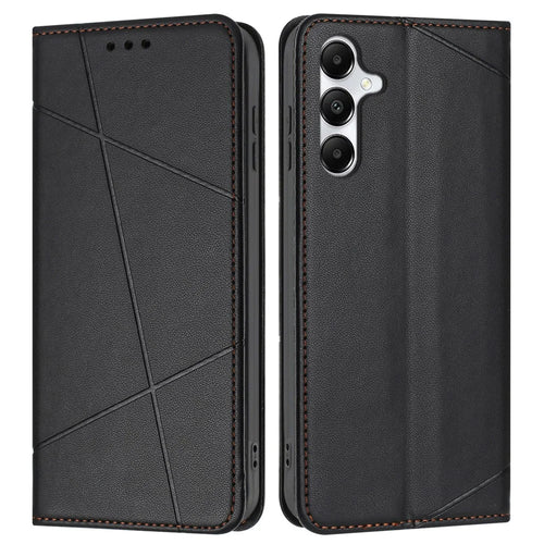 For Samsung Galaxy A18 5G / A17 5G / A17 4G / A26 5G / A16 5G / A16 4G Wallet Case Line Imprinted Leather Stand Phone Cover with Wrist Strap - Black - 1