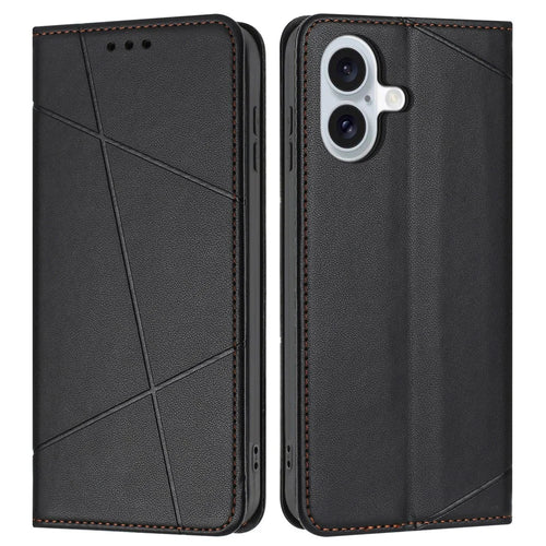 For iPhone 17 Wallet Case Line Imprinted Leather Stand Phone Cover with Wrist Strap - Black - 1