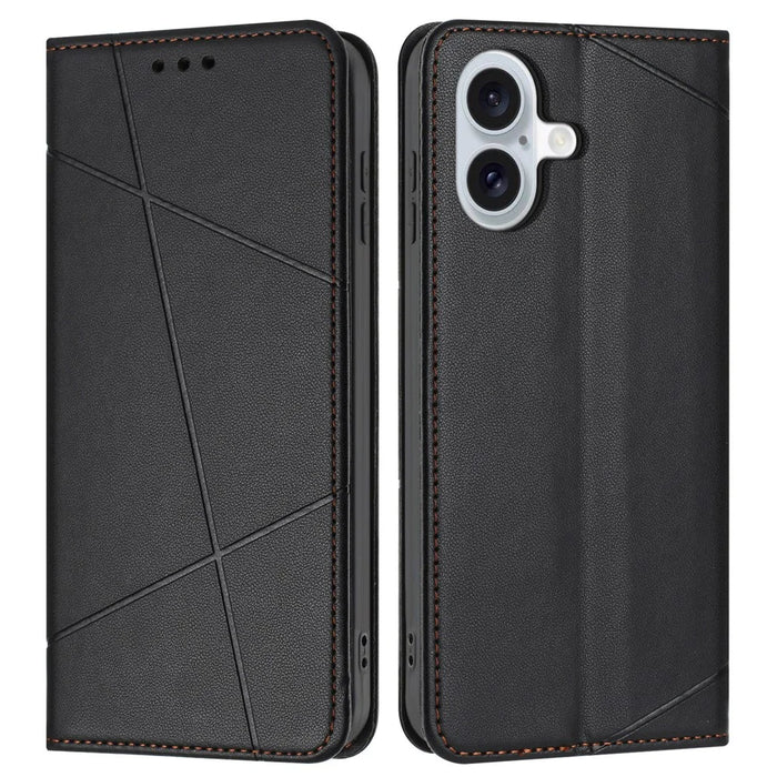 For iPhone 17 Wallet Case Line Imprinted Leather Stand Phone Cover with Wrist Strap - Black - 1