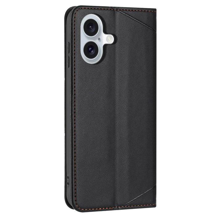 For iPhone 17 Wallet Case Line Imprinted Leather Stand Phone Cover with Wrist Strap - Black - 7
