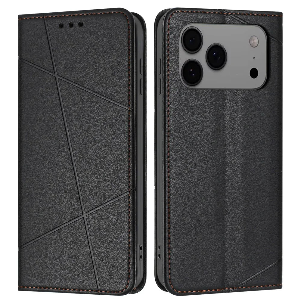 For iPhone 18 Pro / 17 Pro Wallet Case Line Imprinted Leather Stand Phone Cover with Wrist Strap - Black - 1