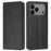 For iPhone 18 Pro / 17 Pro Wallet Case Line Imprinted Leather Stand Phone Cover with Wrist Strap - Black - 1